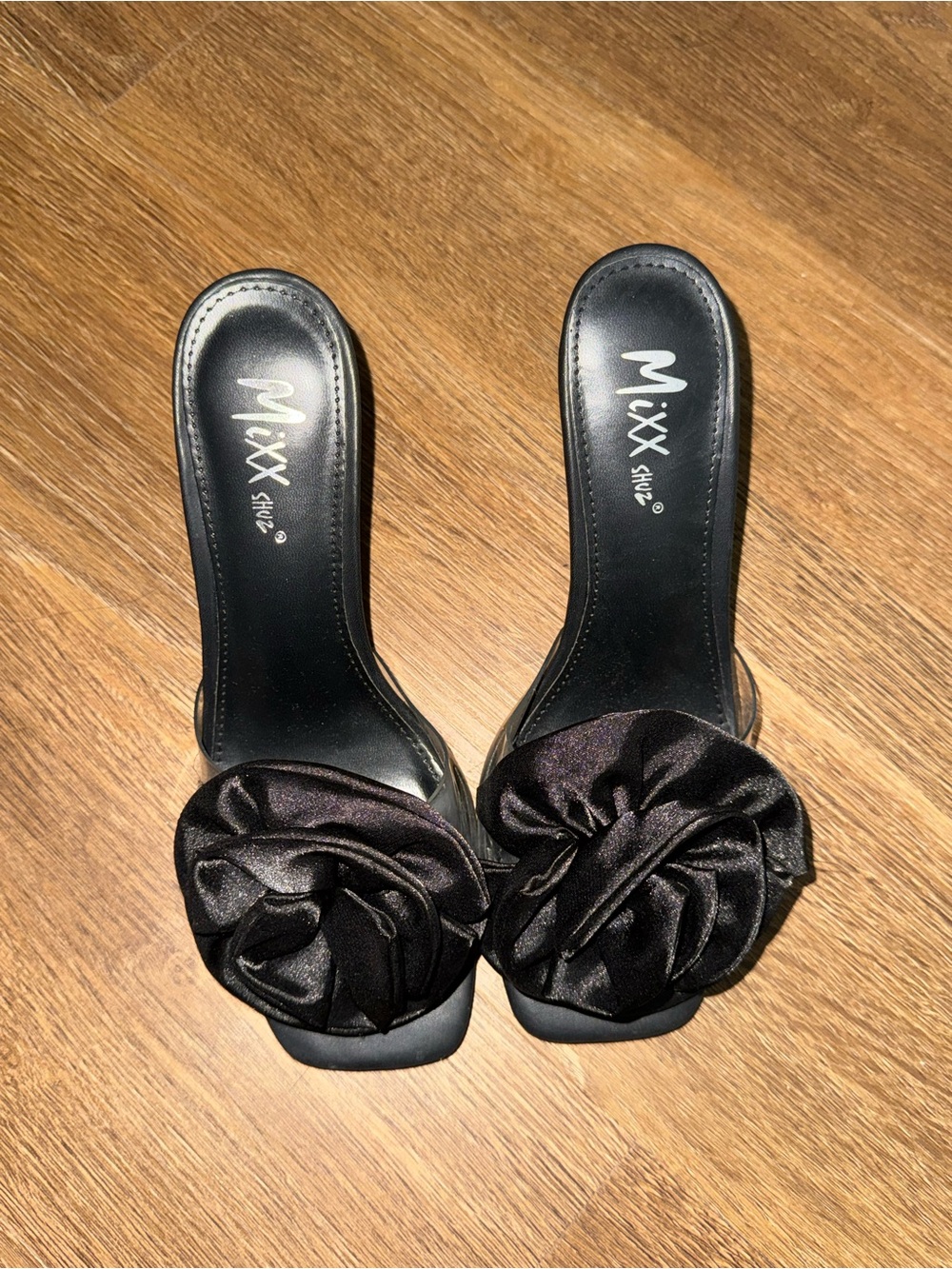 Mixx Shuz Black Satin Slide Heels with Rosette Accent
